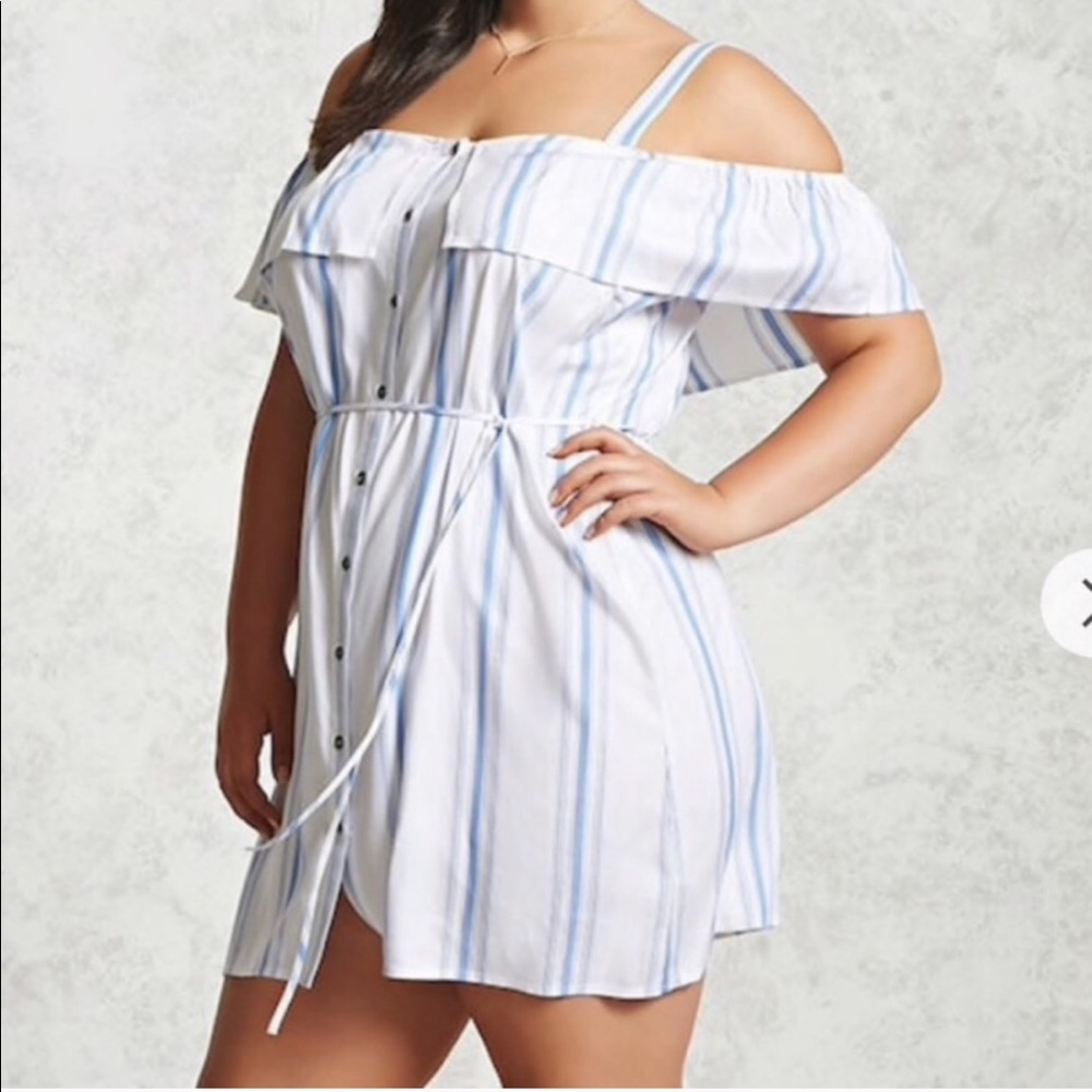 FOREVER 21 BLUE/ WHITE STRIPED OFF SHOULDER DRESS